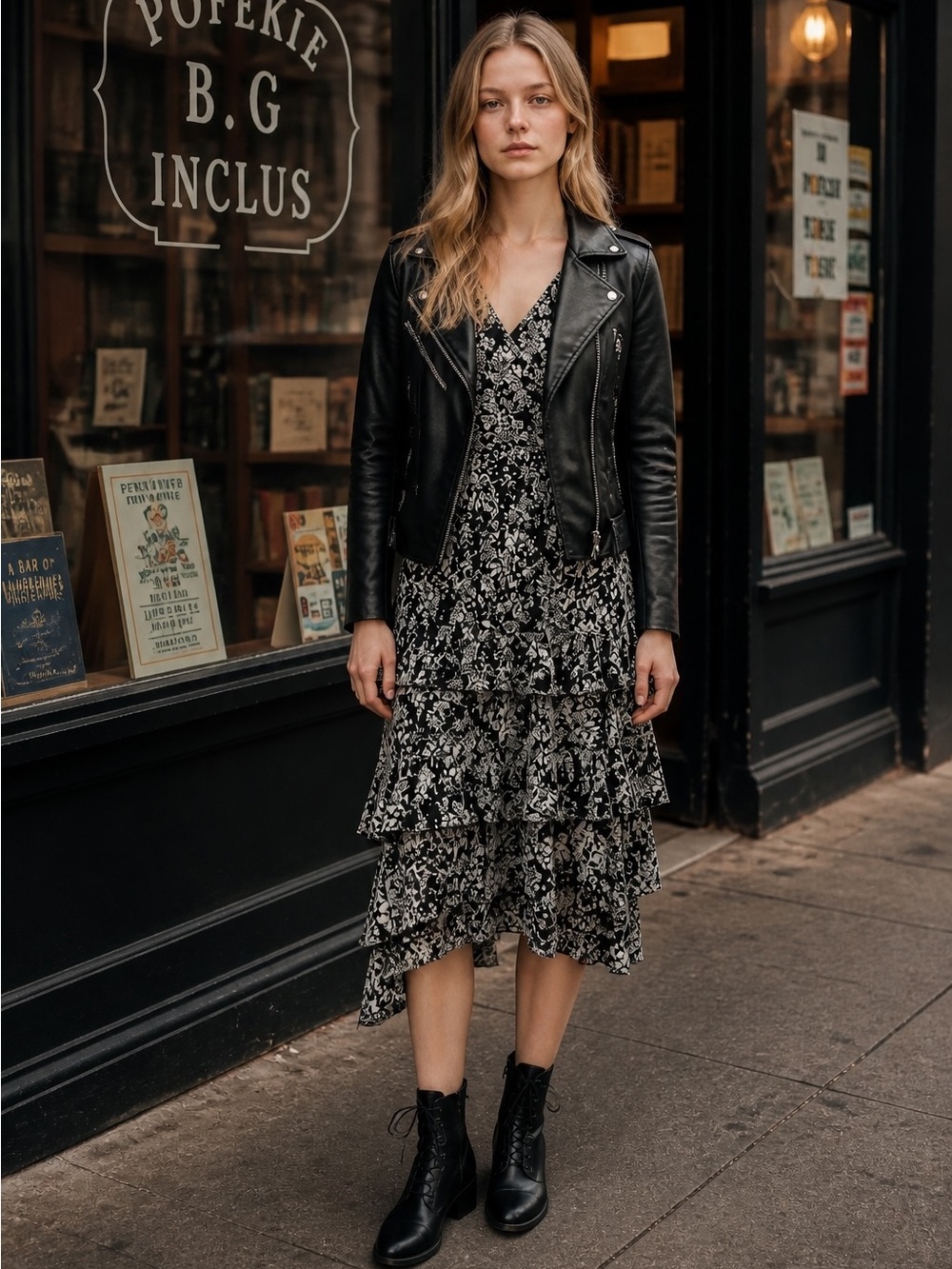 Vintage 80s 90s Black & White Floral Tiered Ruffle Midi Dress Retro Cottagecore